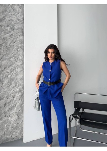 Kadın Kemerli Yelek Palazzo Pantolon Ikili Takım Elbise modelleri