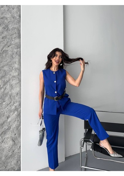 Kadın Kemerli Yelek Palazzo Pantolon Ikili Takım Elbise indirimleri