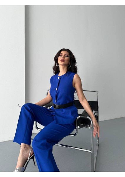 Kadın Kemerli Yelek Palazzo Pantolon Ikili Takım Elbise