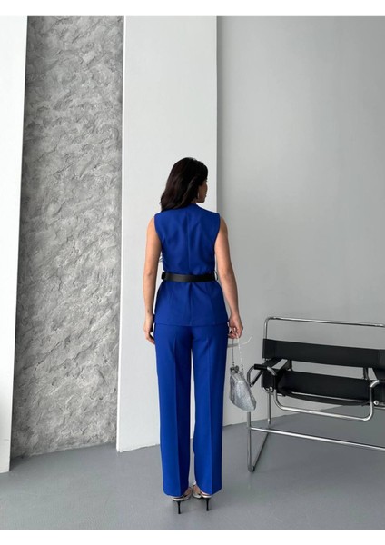 Kadın Kemerli Yelek Palazzo Pantolon Ikili Takım Elbise