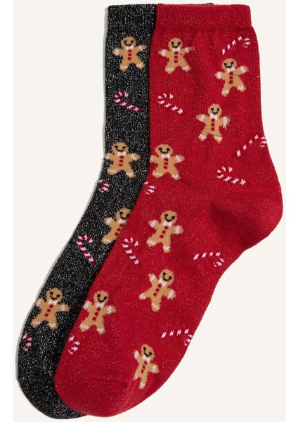 Kadın Yılbaşı Temalı 2'li Pamuklu Uzun Çorap