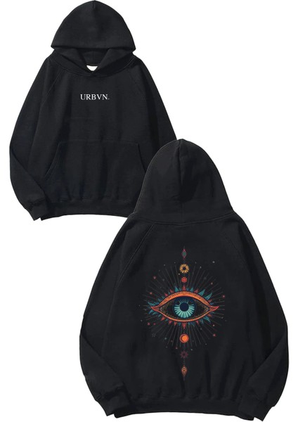 Eye Mandala Tasarım Baskılı Oversize Siyah Kapüşonlu Sweatshirt
