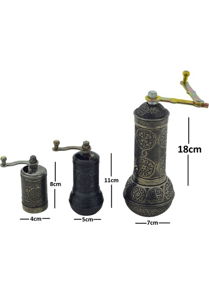 Zamak Metal Kalay Renk 3 Lü Set Karabiber,kahve,çörek Otu El Değirmeni Öğütücü Grinder