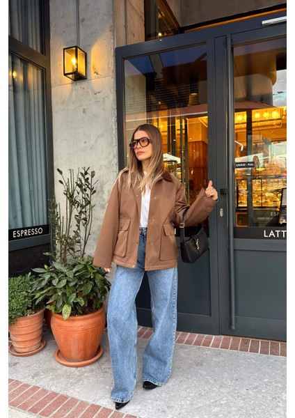 Kahverengi Kadife Yakalı Fermuarlı Oversize Kapitone Gabardin Ceket fiyatları