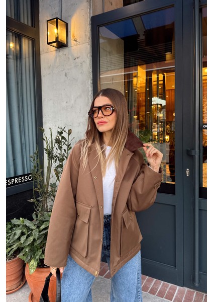 Kahverengi Kadife Yakalı Fermuarlı Oversize Kapitone Gabardin Ceket modelleri