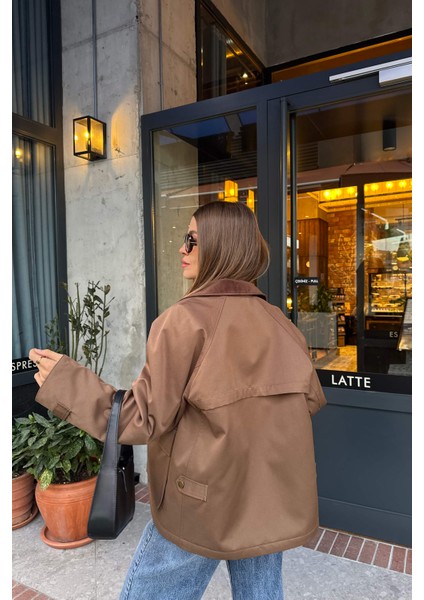 Kahverengi Kadife Yakalı Fermuarlı Oversize Kapitone Gabardin Ceket fırsatları