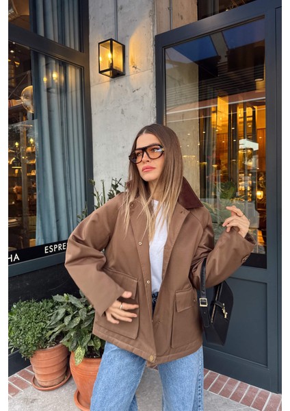 Kahverengi Kadife Yakalı Fermuarlı Oversize Kapitone Gabardin Ceket indirimleri