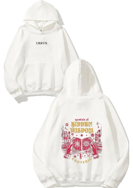 Symbol Tasarım Baskılı Oversize Beyaz Kapüşonlu Sweatshirt