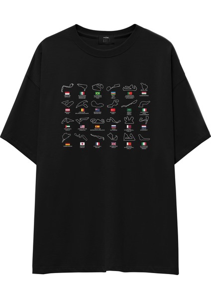 All Tracks / Formula 1 Pistleri Oversize Tişört - Siyah