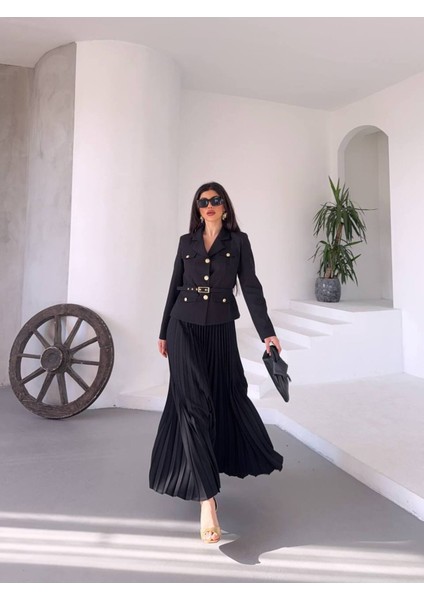 Kadın Kemerli Gold Düğmeli Premium Ceket Pileli Uzun Etek Takım Elbise