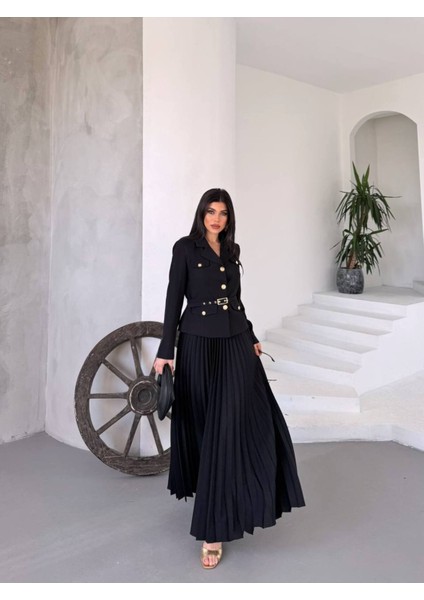 Kadın Kemerli Gold Düğmeli Premium Ceket Pileli Uzun Etek Takım Elbise modelleri