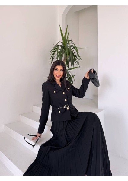 Kadın Kemerli Gold Düğmeli Premium Ceket Pileli Uzun Etek Takım Elbise indirimleri