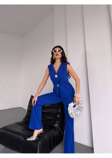 Kadın Gold Kurabiye Düğmeli Yelek Pantolon Takım Elbise fırsatları