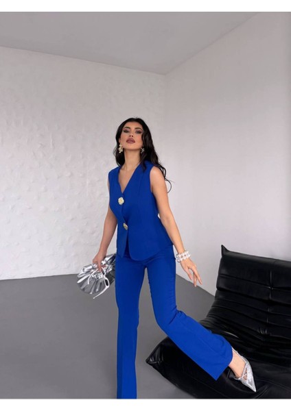 Kadın Gold Kurabiye Düğmeli Yelek Pantolon Takım Elbise indirimleri