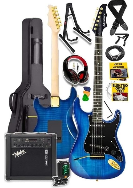 GLC-40BL-AMP Elektro Gitar Seti 25 Watt Şarjlı Bt Amfi Kulaklık ve Full Set