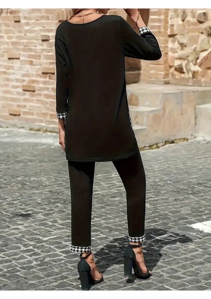 Kadın Uzun Kollu Yuvarlak Yakalı Kaz Ayağı Detaylı Viskon Iki Iplik Bluz ve Pantolon Ikili Takım modelleri