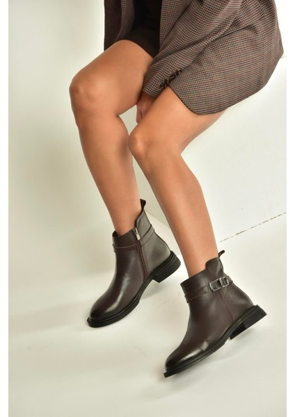 V555255503 Kahverengi Alçak Tabanlı Hakiki Deri Kadın Bot fırsatları