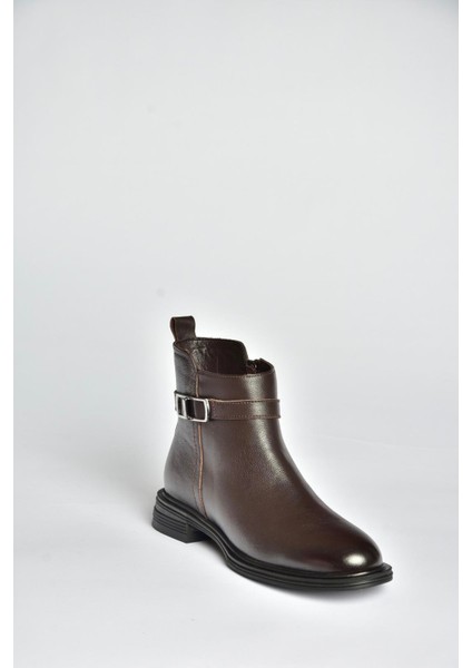 V555255503 Kahverengi Alçak Tabanlı Hakiki Deri Kadın Bot