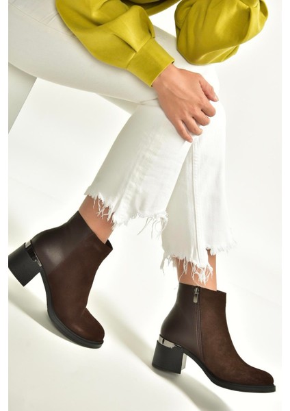 V555559502 Kahverengi Hakiki Deri Süet Kalın Topuklu Kadın Bot