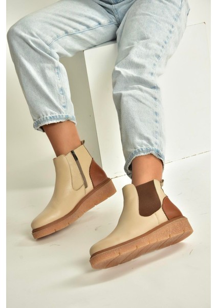V555115103 Bej Hakiki Deri Kalın Tabanlı Kadın Bot