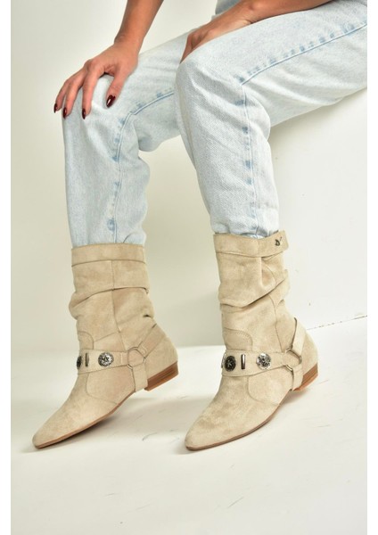 V380519002 Bej Süet Düz Tabanlı Rahat Kalıp Kadın Bot modelleri