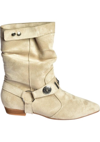 V380519002 Bej Süet Düz Tabanlı Rahat Kalıp Kadın Bot
