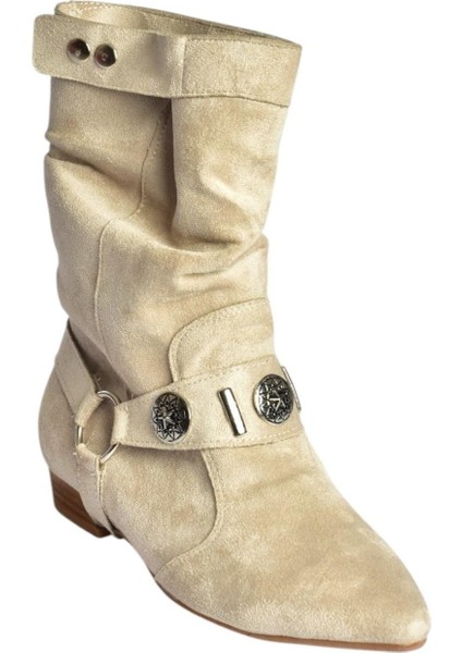 V380519002 Bej Süet Düz Tabanlı Rahat Kalıp Kadın Bot