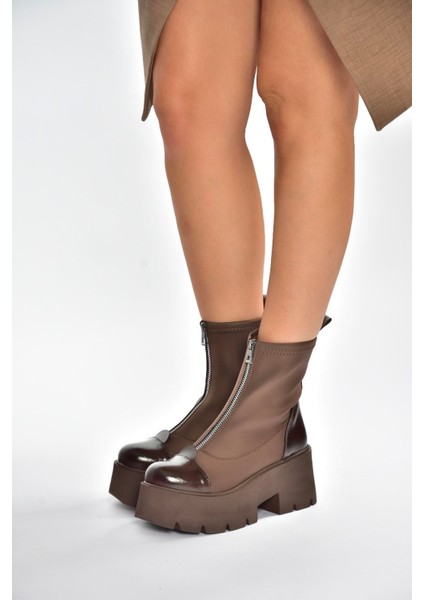 V820008604 Kahverengi Kumaş Kalın Tabanlı Fermuarlı Kadın Bot modelleri