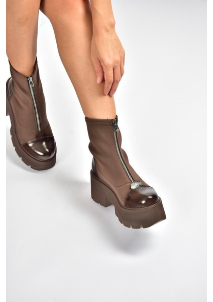 V820008604 Kahverengi Kumaş Kalın Tabanlı Fermuarlı Kadın Bot fırsatları