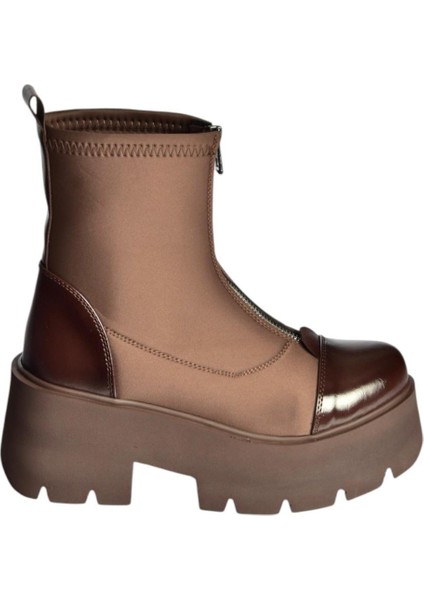 V820008604 Kahverengi Kumaş Kalın Tabanlı Fermuarlı Kadın Bot