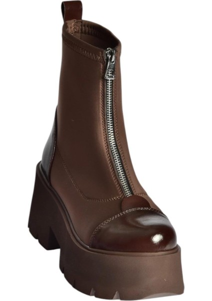 V820008604 Kahverengi Kumaş Kalın Tabanlı Fermuarlı Kadın Bot