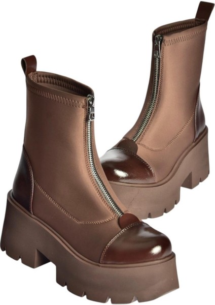 V820008604 Kahverengi Kumaş Kalın Tabanlı Fermuarlı Kadın Bot