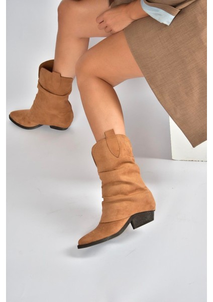 V404041002 Taba Süet Kalın Topuklu Kadın Bot