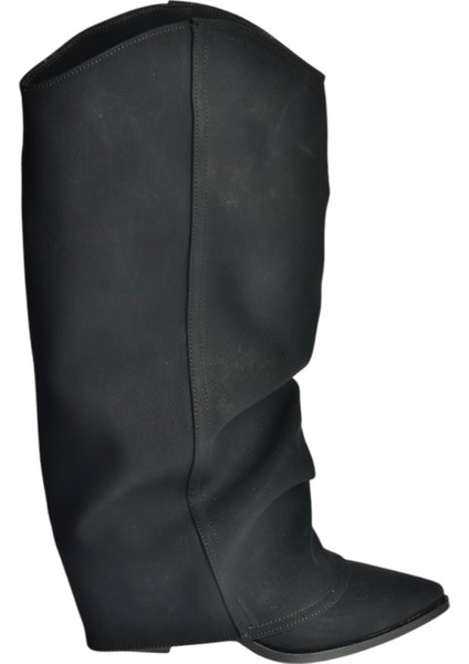 V846846001 Siyah Süet Kalın Topuklu Körüklü Kadın Çizme