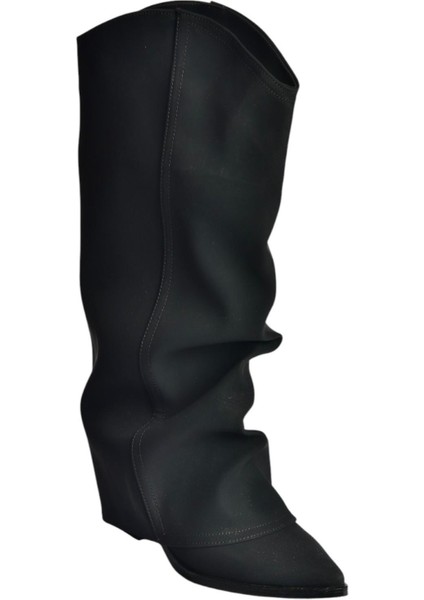 V846846001 Siyah Süet Kalın Topuklu Körüklü Kadın Çizme