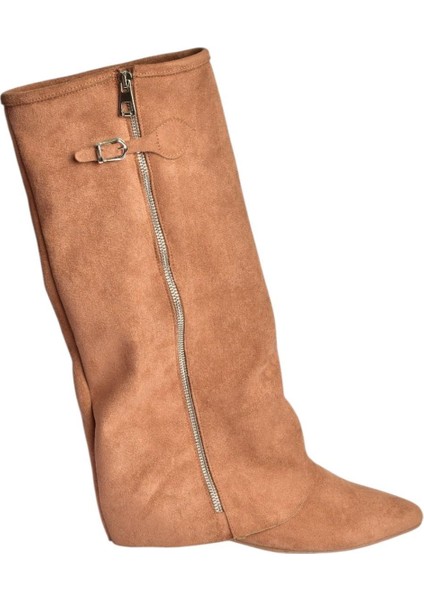 V380526402 Taba Süet Düz Taban Fermuar Detaylı Kadın Çizme indirimleri