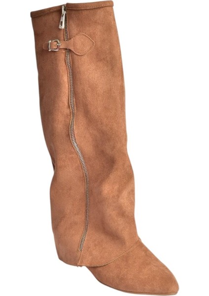 V380526402 Taba Süet Düz Taban Fermuar Detaylı Kadın Çizme