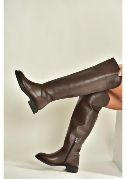 V973801009 Kahverengi Alçak Topuklu Diz Üstü Klasik Kadın Binici Çizme modelleri