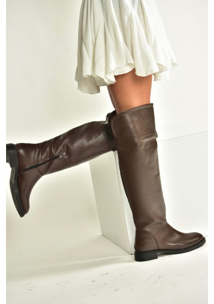 V973801009 Kahverengi Alçak Topuklu Diz Üstü Klasik Kadın Binici Çizme indirimleri