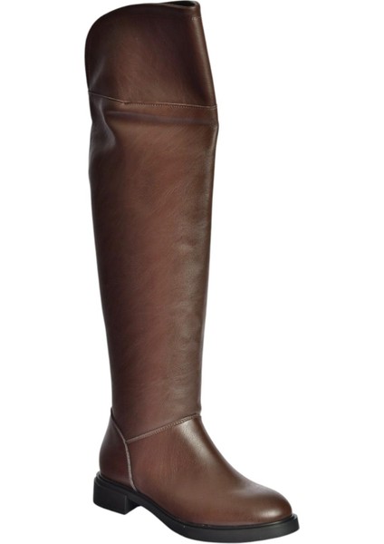 V973801009 Kahverengi Alçak Topuklu Diz Üstü Klasik Kadın Binici Çizme