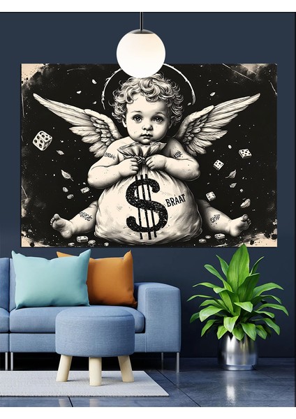 Siyah Beyaz Melek Bebek Dekoratif Kanvas - Mdf Ahşap Tablo