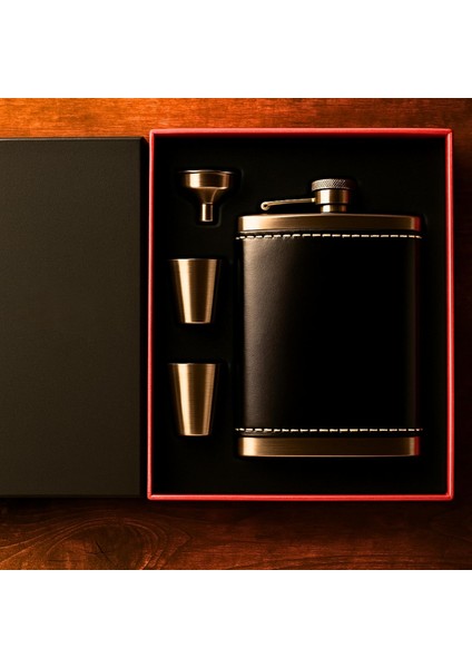 8 Oz 240 cc Rugan Siyah Hakiki Deri Viski Cep Matarası Shot Set Kutulu Babalar Günü Hediye