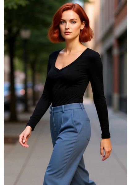 Kadın V Yaka Uzun Kollu Fitted Örme Bluz Çok Yönlü Kullanım Için Kaliteli Şık Rahat Modern modelleri