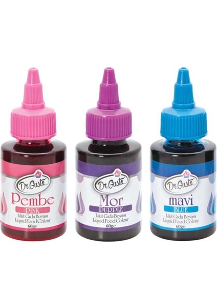 Dr Gusto Likit Gıda Boyası 3'lü Pembe - Mor - Mavi 60 gr