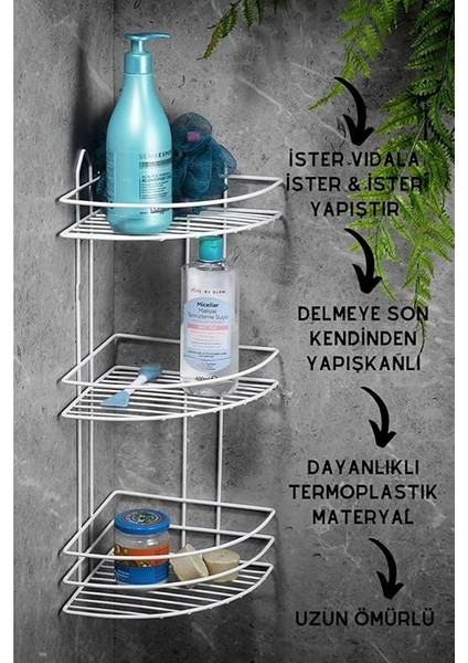 Haus Ömür Boyu Paslanmaz Yapışkanlı Banyo Köşeliği Düzenleyici Şampuanlık Duş Rafı Beyaz Ek-03 fiyatları