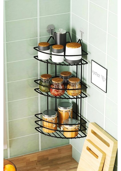 3 Katlı Siyah Paslanmaz, Duvar Veya Tezgah Üstü, Köşe Rafı, Köşelik,, Rafı, Kahve Rafı, Delme Gerektirmez Yapışkanlı Askı Siyah Renk 50 cm