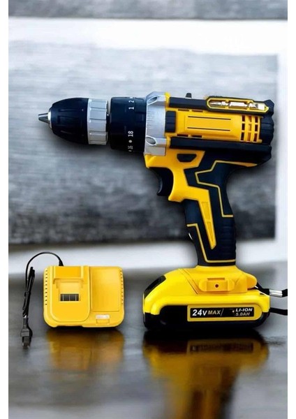 Çift Bataryalı Metal Dişli Darbeli Şarjlı Matkap Seti 24W Güç ve 24 Parça Aksesuar