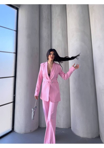 Kadın Ikili Kemer Detay Ceket Palazzo Pantolon Premium Takım Elbise modelleri