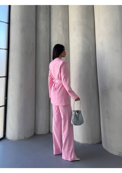 Kadın Ikili Kemer Detay Ceket Palazzo Pantolon Premium Takım Elbise