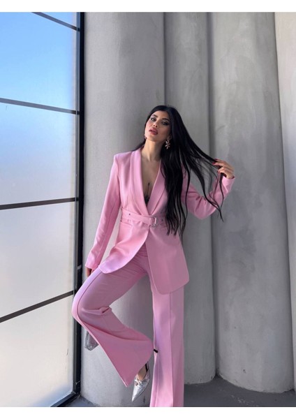 Kadın Ikili Kemer Detay Ceket Palazzo Pantolon Premium Takım Elbise